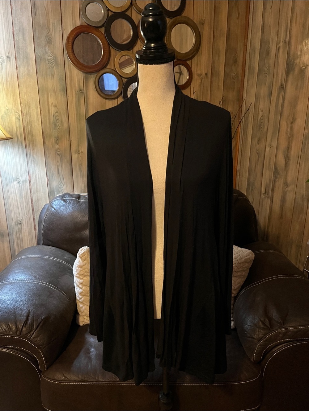 Marika Black Open-Front Knit Cardigan Long Asymmetrical Mesh Side Panel